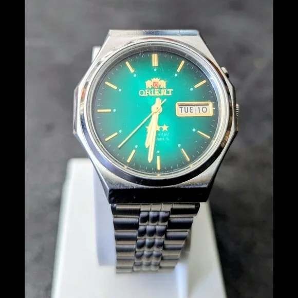 Vintage Orient Mens Watch Green Dial Day Date Stainless Steel